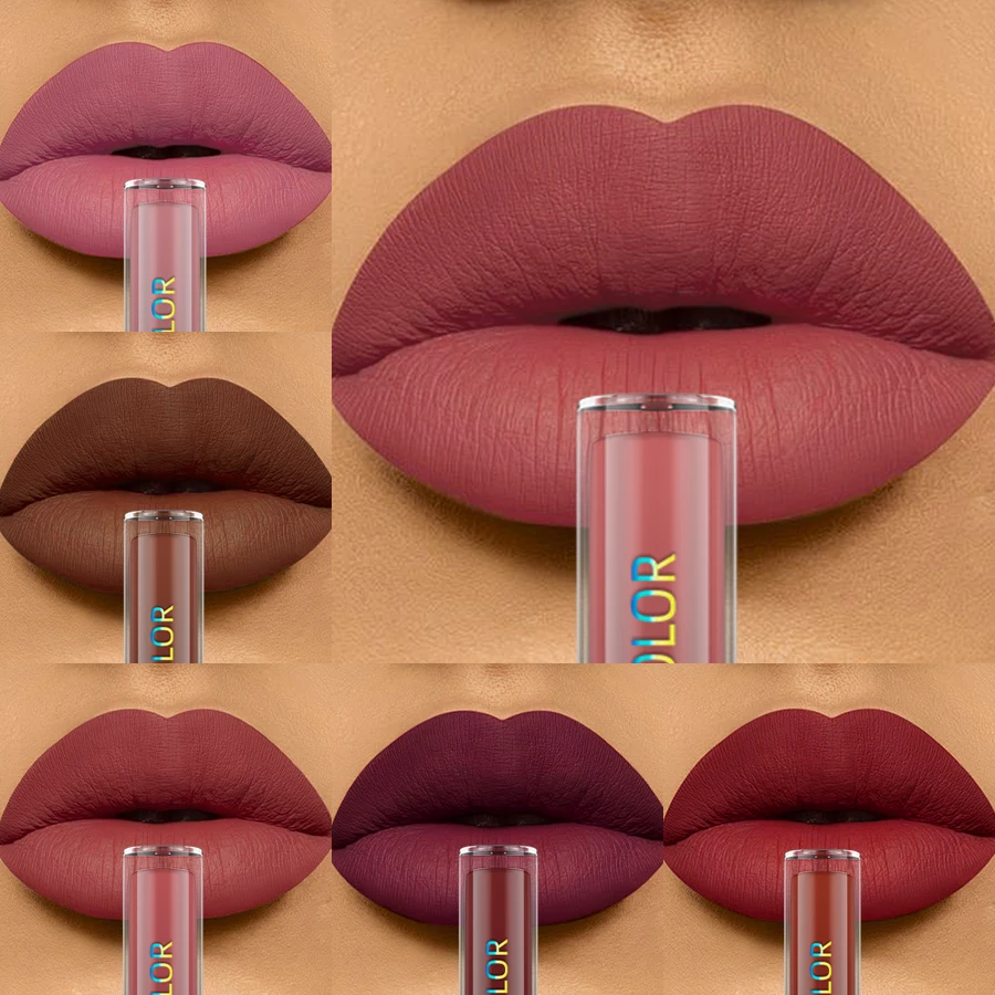 6pcs Different Colors Matte Lip Glaze Set Velvet Lip Gloss Waterproof Liquid Lipstick Nude Black Lips Tint Makeup Lip Glaze Cosmetics for Women Gifts Sexy Red Lip Stain Beauty
