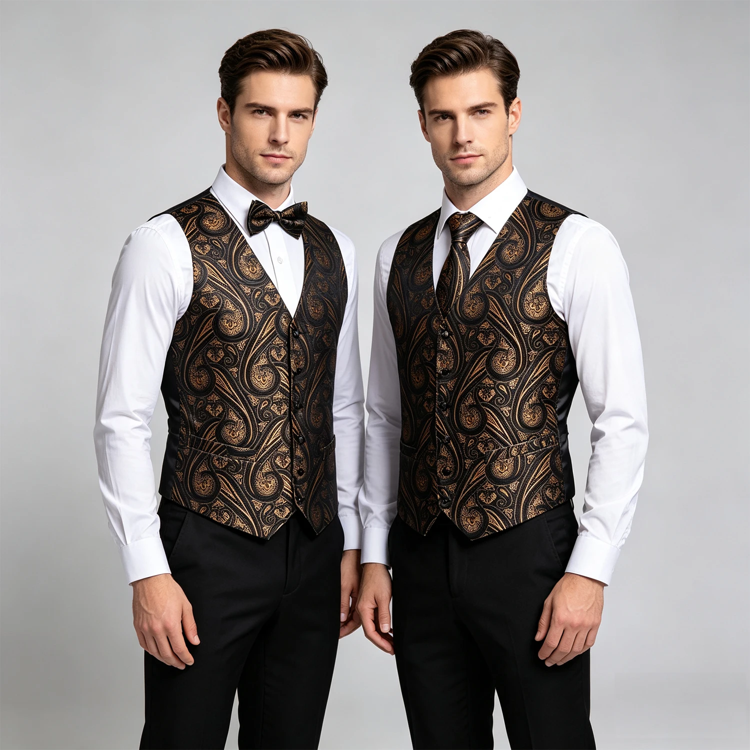 Men Jacquard Suit Vest 5 Pieces Set V Neck Waistcoat Matching Tie Bow Tie Pocket Square Cufflinks Wedding Party Formal Casual
