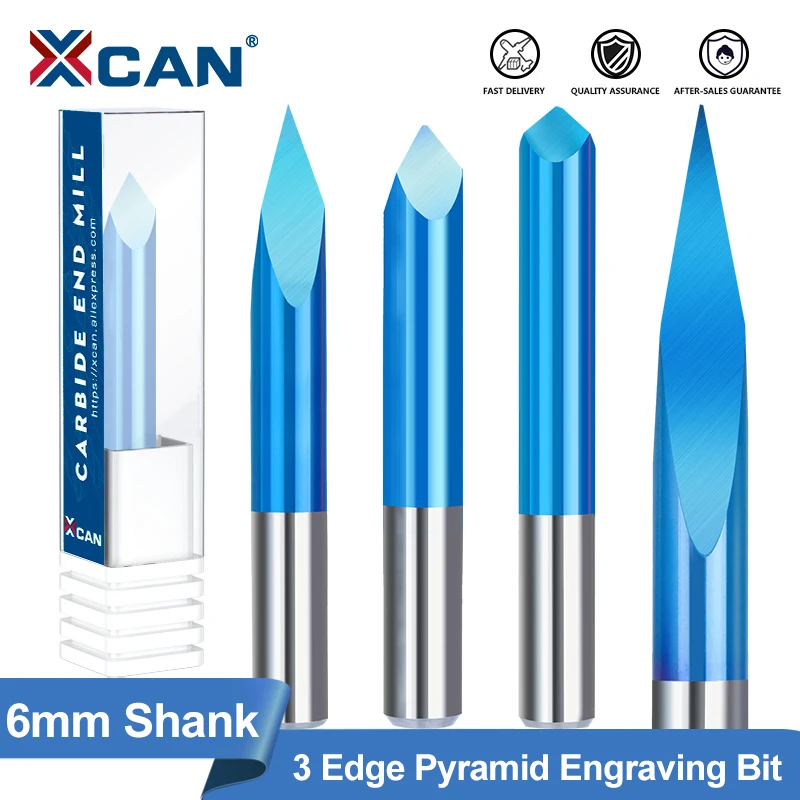 XCAN 6mm Shank CNC Engraving Bits 3 Edge PCB Engraving Cutters Nano Blue Coated Triangular Router Bits For Wood Jade Emboss