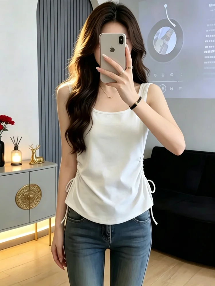 Summer New Women's Cotton Blend Tank Top Drawstring Waist Slim Fit Base Shirt Inner Wear Outer Wear Casual Simple Style