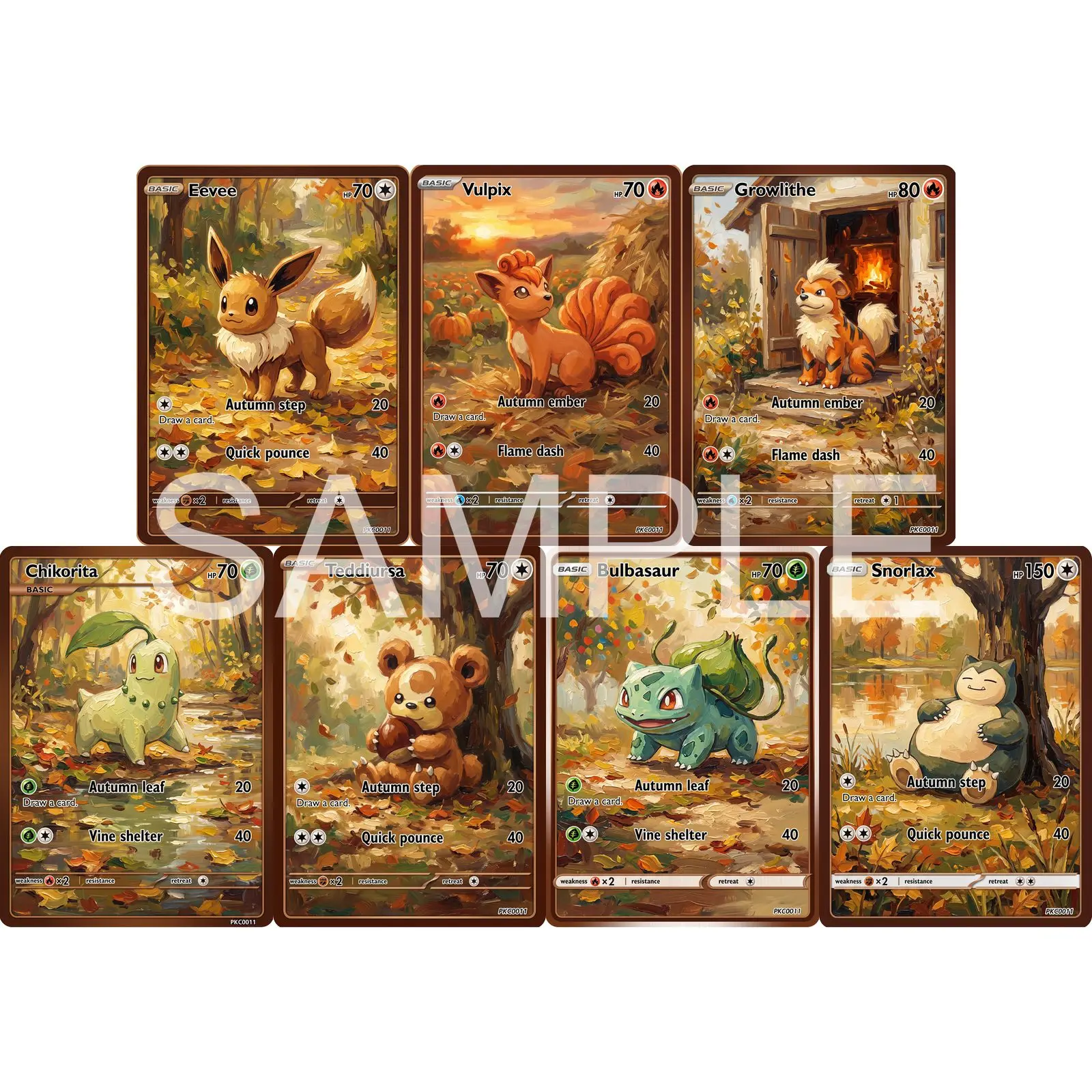 7Pcs PKM Cards PTCG Impasto Oil Style Eevee Vulpix Growlithe Chikorita Teddiursa Bulbasaur Snorlax Art Set Cards PTCG Gift