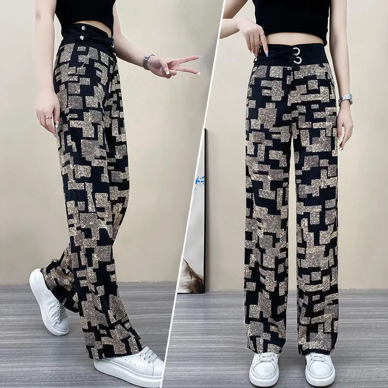 Pantalones de pierna ancha con estampado Vintage para mujer, ropa informal de cintura alta elástica empalmada, Chic, primavera y verano