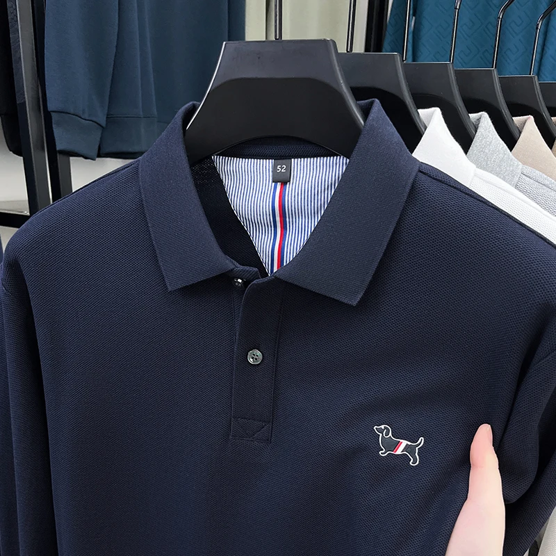 ضوء فاخر موضة 100% القطن الخالص قميص بولو الرجال بأكمام طويلة 2025 الخريف منتج جديد منتصف العمر أبي طوق قاعدة تي شيرت