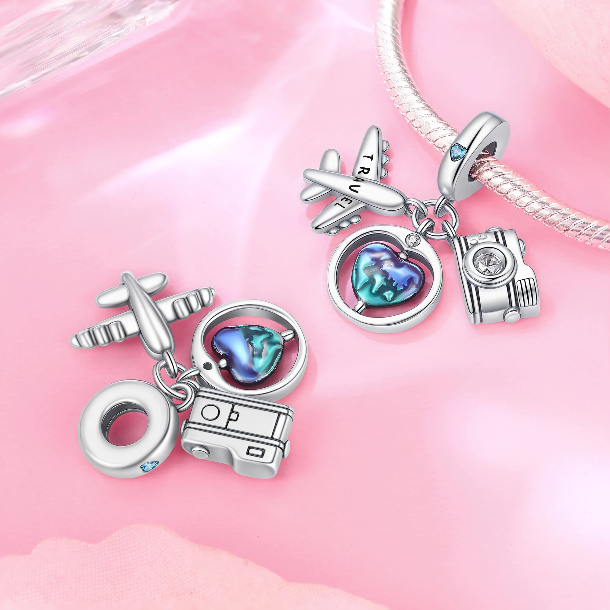 Original 925 Sterling Silver Charm Airplane Earth Camera Travel Pendant for Women Fit Original Bracelet Necklace DIY Accessories