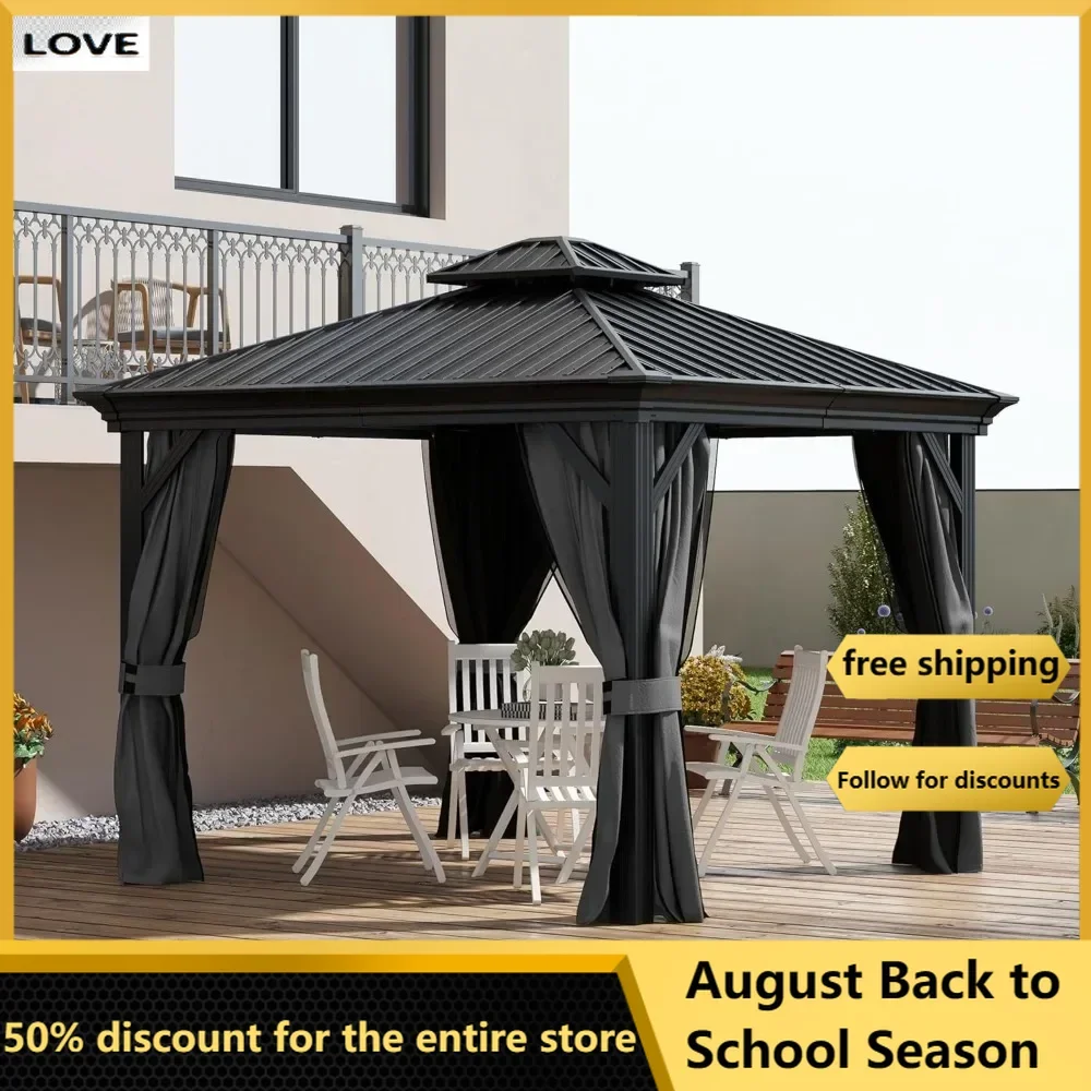 

Hardtop Gazebo with Curtains and Netting,Permanent Pavilion Metal Double Roof Gazebo Canopy for Garden,Patio,Backyard,Light Gray