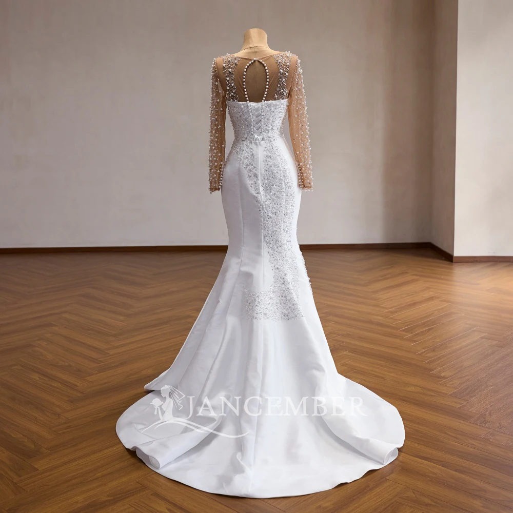 Elegant White Ball Gown Customized Wedding Dress O Neck Beaded Long Sleeves Satin Cathedral Train vestidos de novia boda