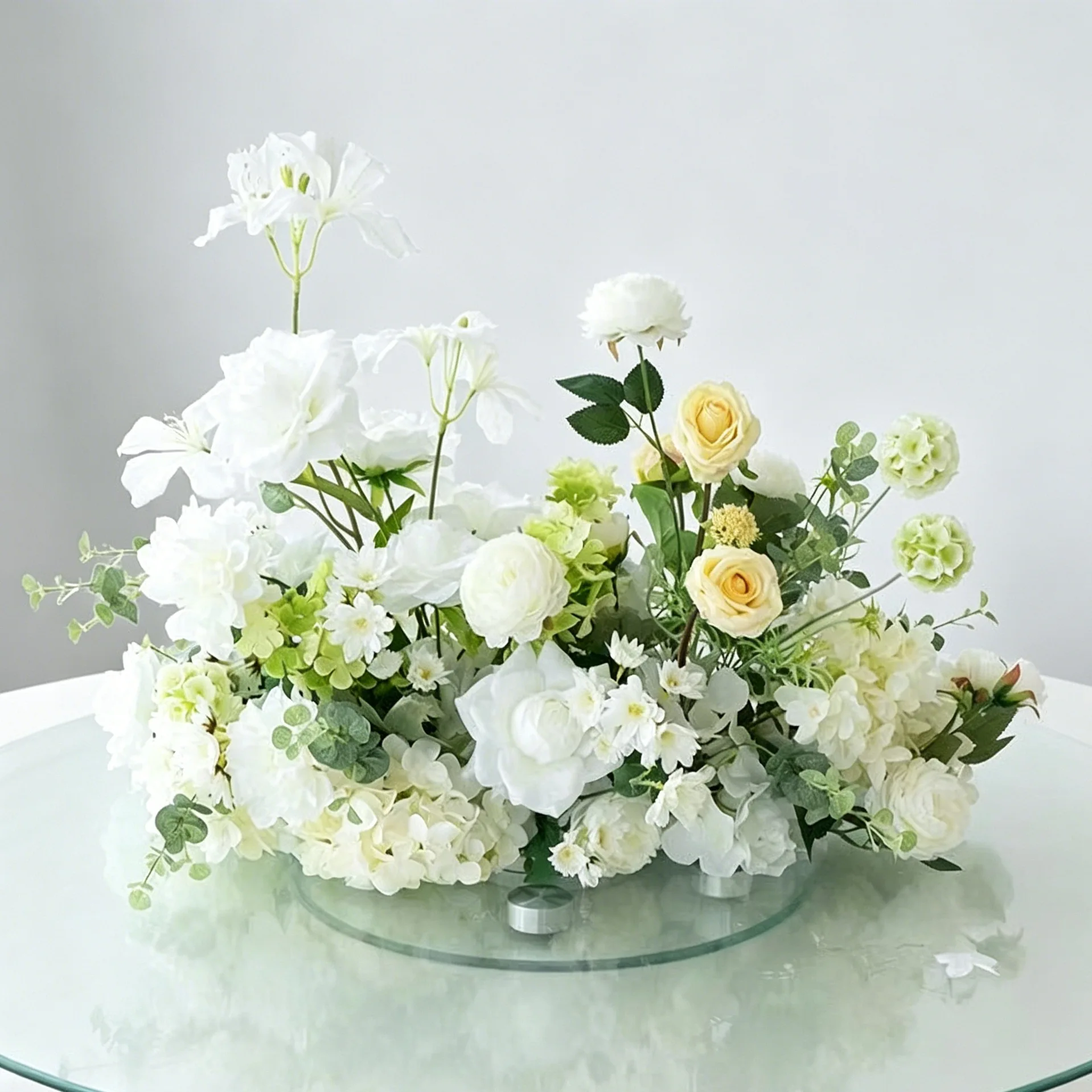 Grüne Pflanzen, Rosen, Hortensien, Künstliche Blumenreihe, Luxuriöse Hochzeitstisch-Mittelstücke, Blumen-Hintergrund-Dekoration, Party-Bühnen-Blumendekoration – Detail 3