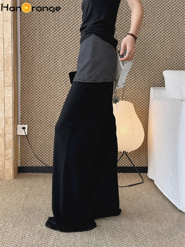 HanOrange Summer Women's Striped Layer Casual Pants Simplicity Minimal Non-removable 2026 Smooth Long Trousers Black/Navy Blue