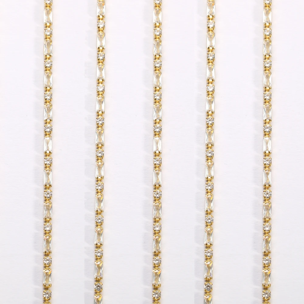1 Yard Silver Base Rectangle Zirconia Cup Chains Glitter Zircon Rhinestone Trims For Necklace DIY Zircon Chains Dress Decoration