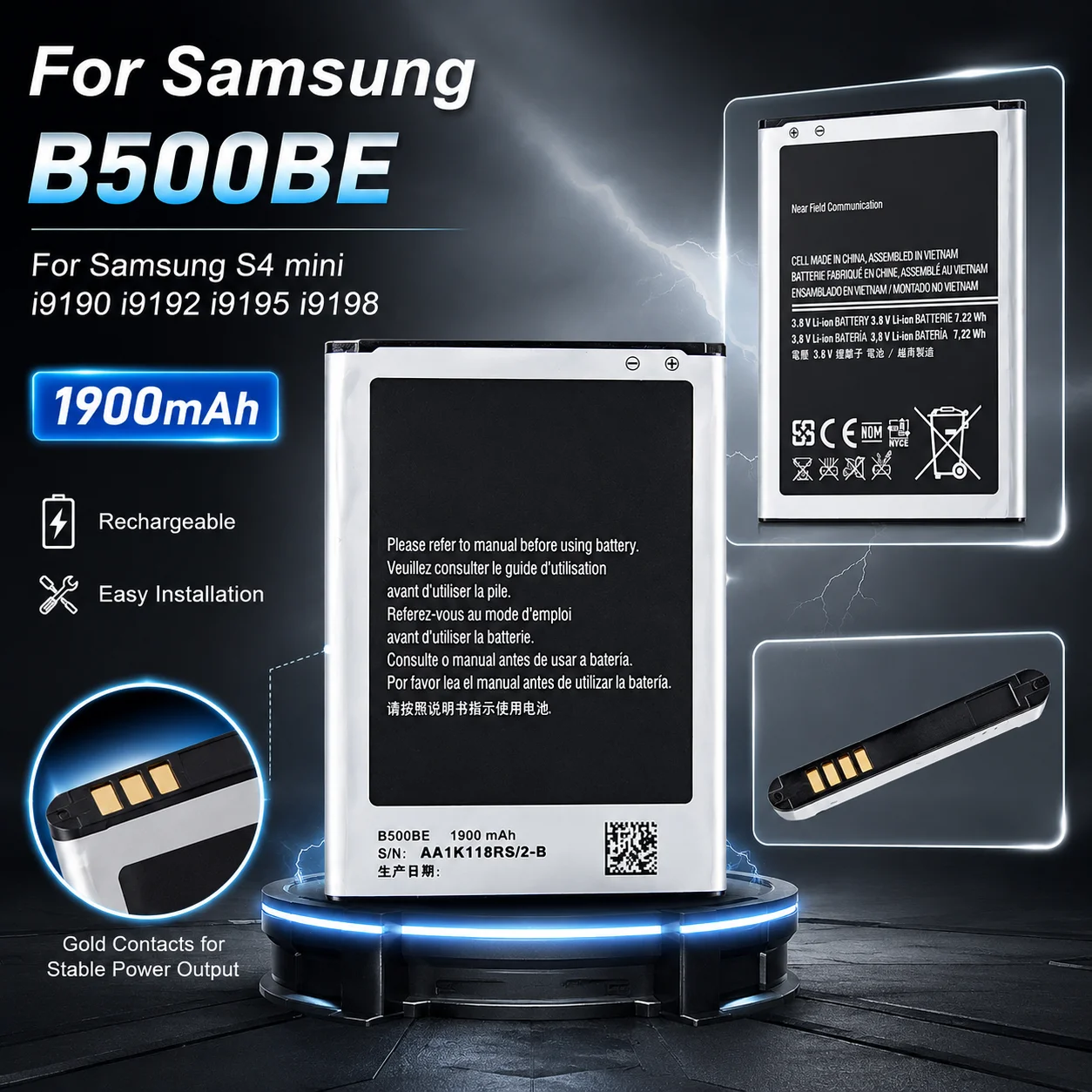 Replacement Battery for Samsung Galaxy S4 Mini GT-I9190 Series 1900mAh B500BE NFC 4 Pins Stable Performance Power Cell