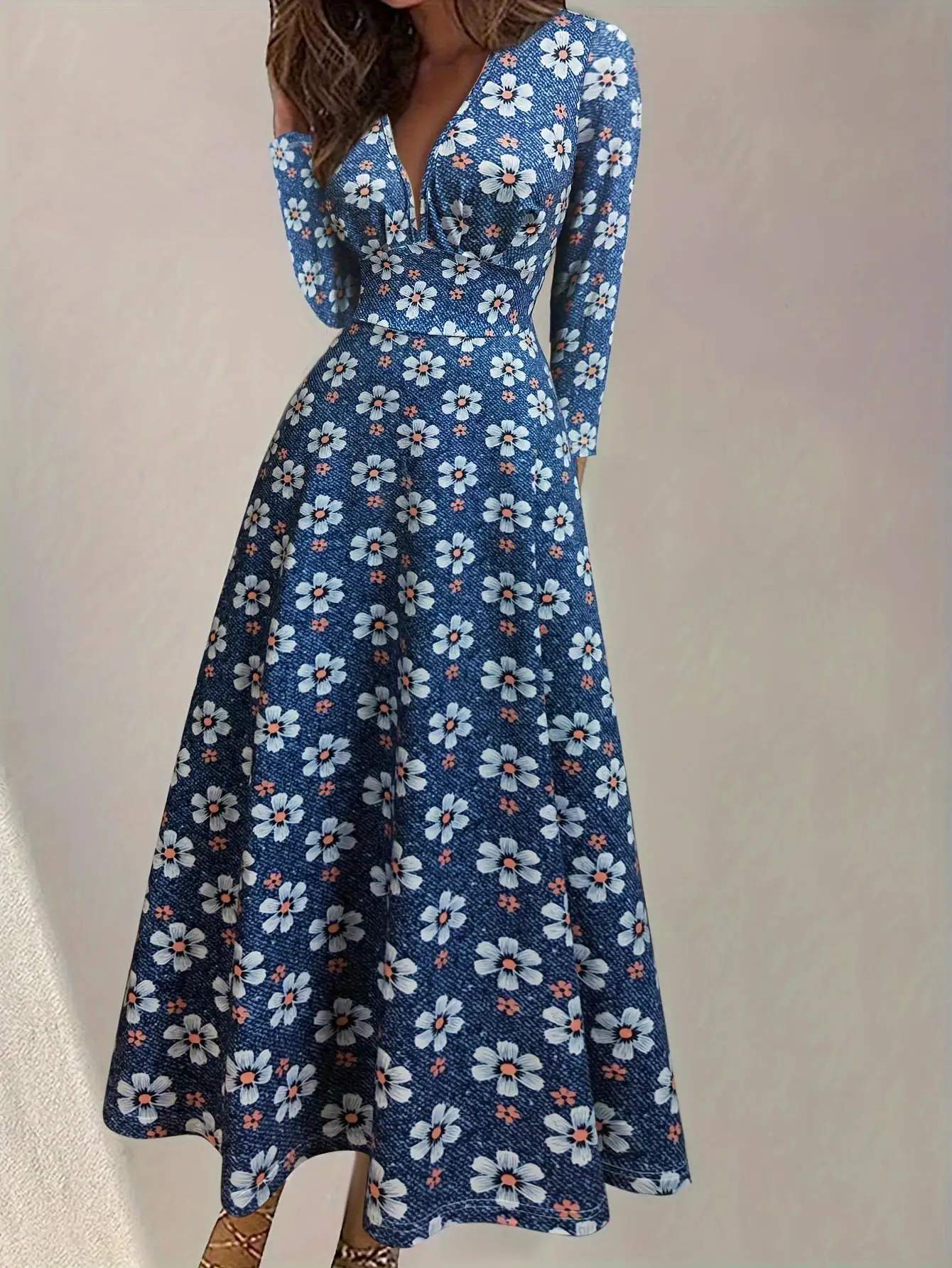 

Women's autumn dress Bohemian floral print long sleeve Vneck maxi chic long dresses Evening dresses elegant formal party wear