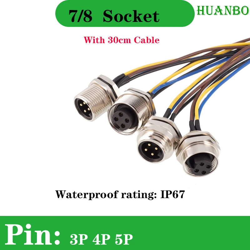 

1Pcs 5Pcs 10Pcs 7/8 Socket With 30cm cable, 3-4 Pin 5-hole, Waterproof IP67 NEMA Marine Connector, Front And Rear Installation