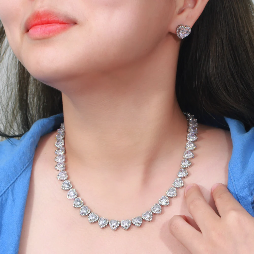 ThreeGraces Luxury Cubic Zirconia Stone Shiny Heart CZ Stud Earrings and Necklace Bridal Wedding Jewelry Set for Women TZ952