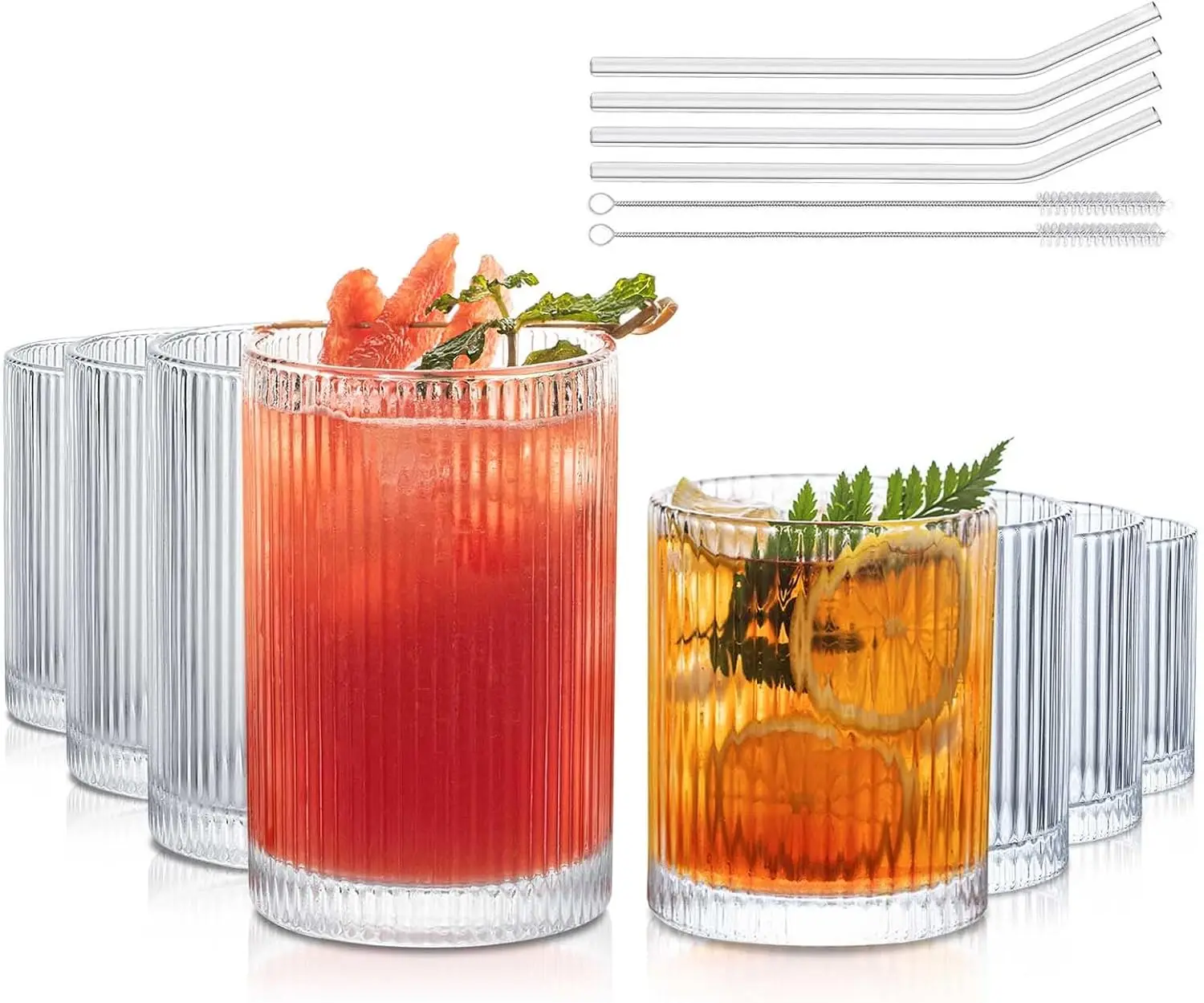 

Set of 8 Ribbed Glassware - 4 Large Glasses 17 oz, 4 Rocks Glass Cups 10 oz, Vintage Glassware