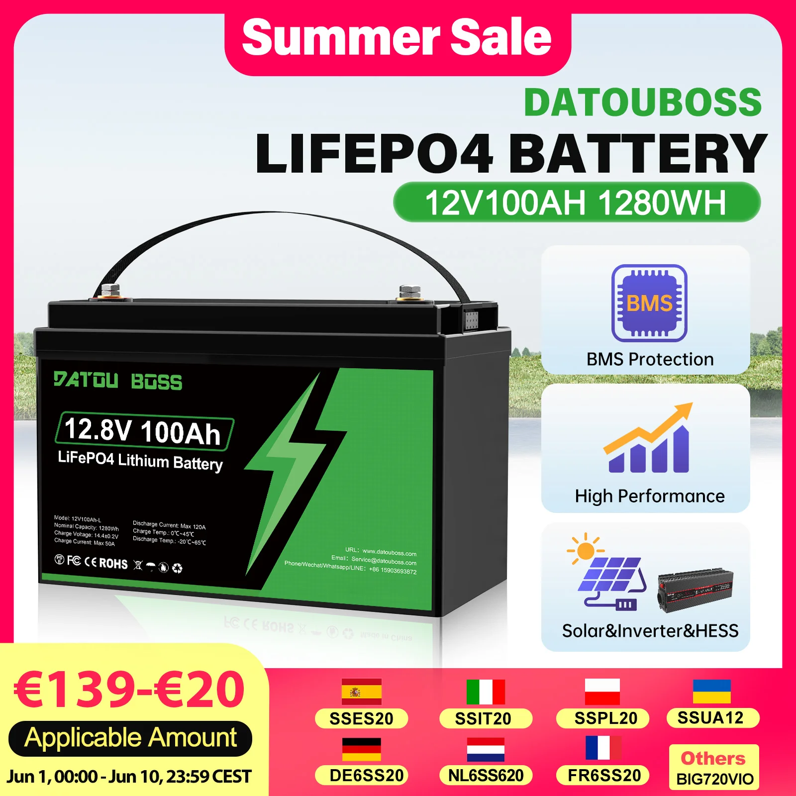 Batterie LiFePO4 à cycle profond Datouboss 12V 100Ah améliorée avec BMS intégré, haute performance pour applications solaires, onduleurs et HESS, 1280Wh