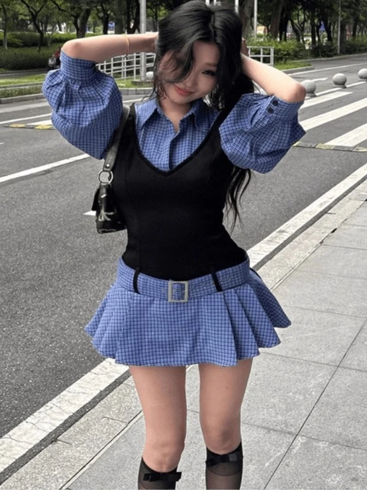 

Женское осеннее платье, модное уличное платье из двух предметов в клетку, повседневное платье с низкой талией, популярные платья с плиссированной юбкой Y2k для девочек