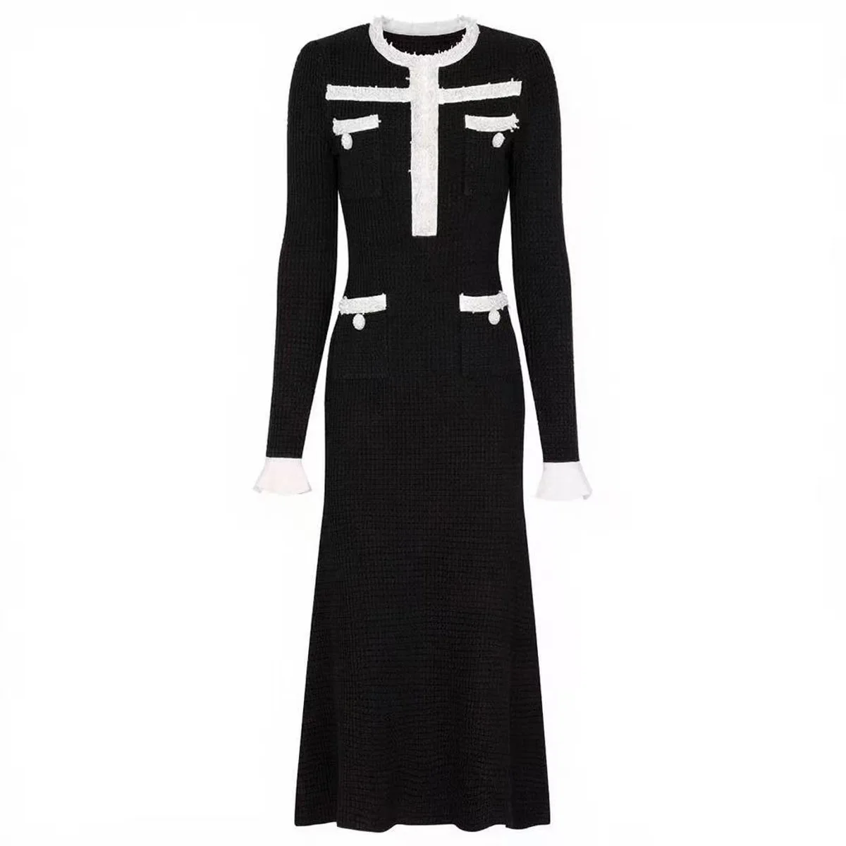 Autumn Winter Luxury Beading Knitted Sheath Long Dresses Women Sleeves Brand Designer Runway Prom Evening Midi Dress Party Robe