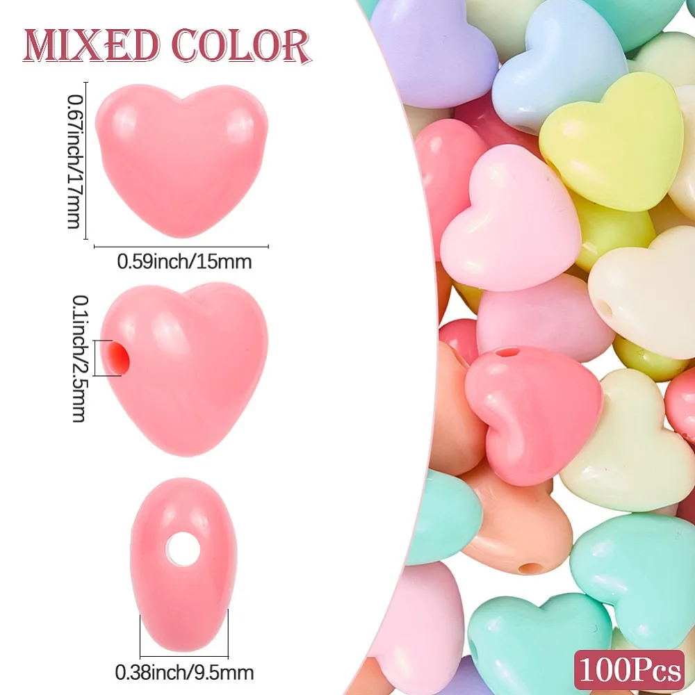 100Pcs Opaque Acrylic Beads Heart Mixed Color 15x17x9.5mm Hole: 2.5mm