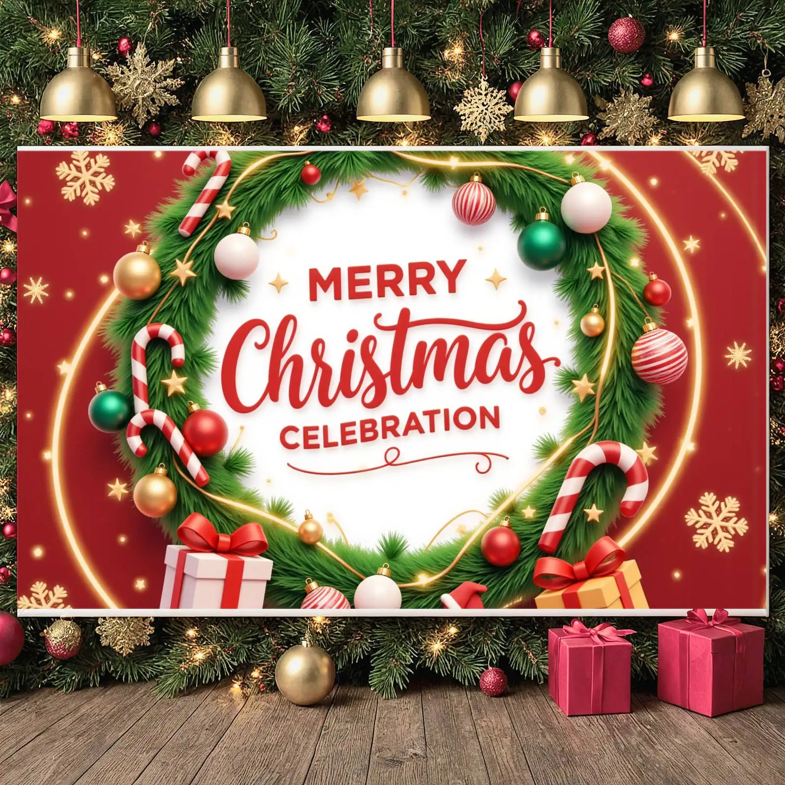 Holiday Backdrop Gold Stars Festive Background Xmas Party Display Jingle Bells Christmas Eve Backdrop For Holiday Decoration