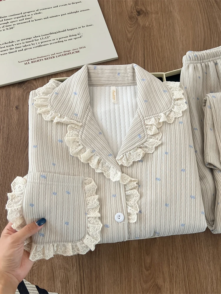 Korean Sweet Floral Lace  Sleepwear Women's Long Sleeve Home Clothes Set Autumn Winter New Air Layer Warmth Home Suit
