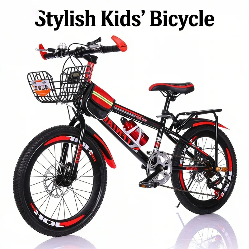 دراجة جبلية بفرامل قرصية للأطفال باللونين الأسود والأحمر مع حقيبة هدايا للمقعد الخلفي لسلة السيارة ذات السرعة المتغيرة