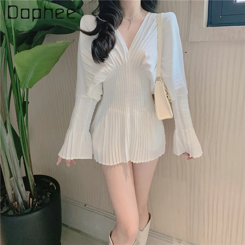 

White Pleated Blouse for Women Korean Fashion Slim Flared Sleeve V Neck Mid Length Shirts Chic Design Office Ladies Commute