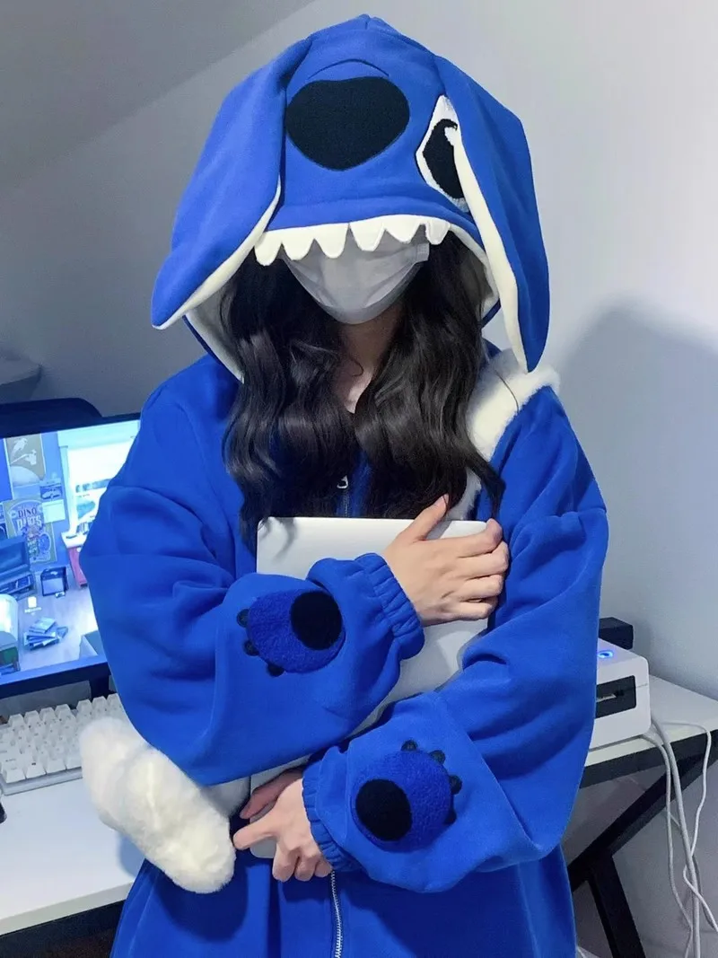 Disney Stitch Cartoon Fashion Jackets Zip-Up Sweatshirt Cotton Y2k Plush Thick Autumn Winter Hooded Hoodies Coat Clothes