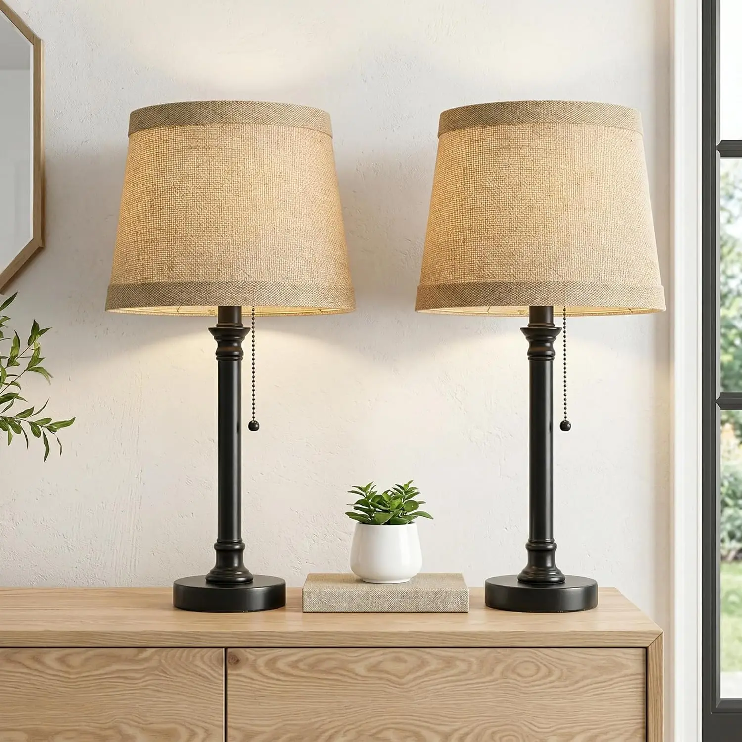 

Набор из 2 настольных ламп в стиле фермерского дома с натуральным абажуром, выключателем на цепочке для спальни, гостиной, домашнего офиса и детской комнаты