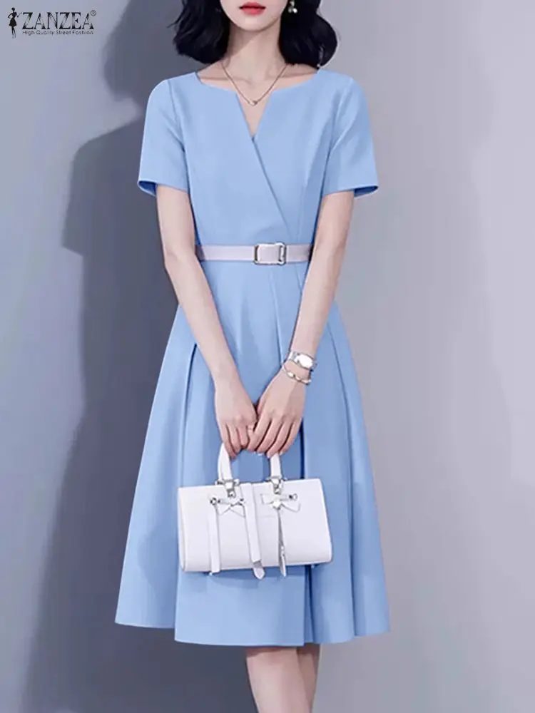 ZANZEA-Vestidos elegantes de oficina con cuello en V para mujer, vestido de verano 2025, Vestidos de cintura de manga corta, vestido de fiesta elegante, bata Midi plisada