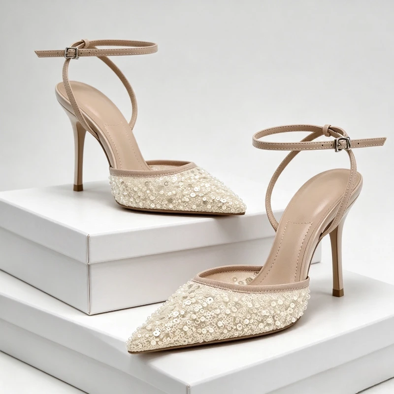 Mesh Bling Sexy Pointed Toe Sandals Ladies Ankle Strap Fashion Elegant High Heels String Beads Designer Banquet Wedding Shoes