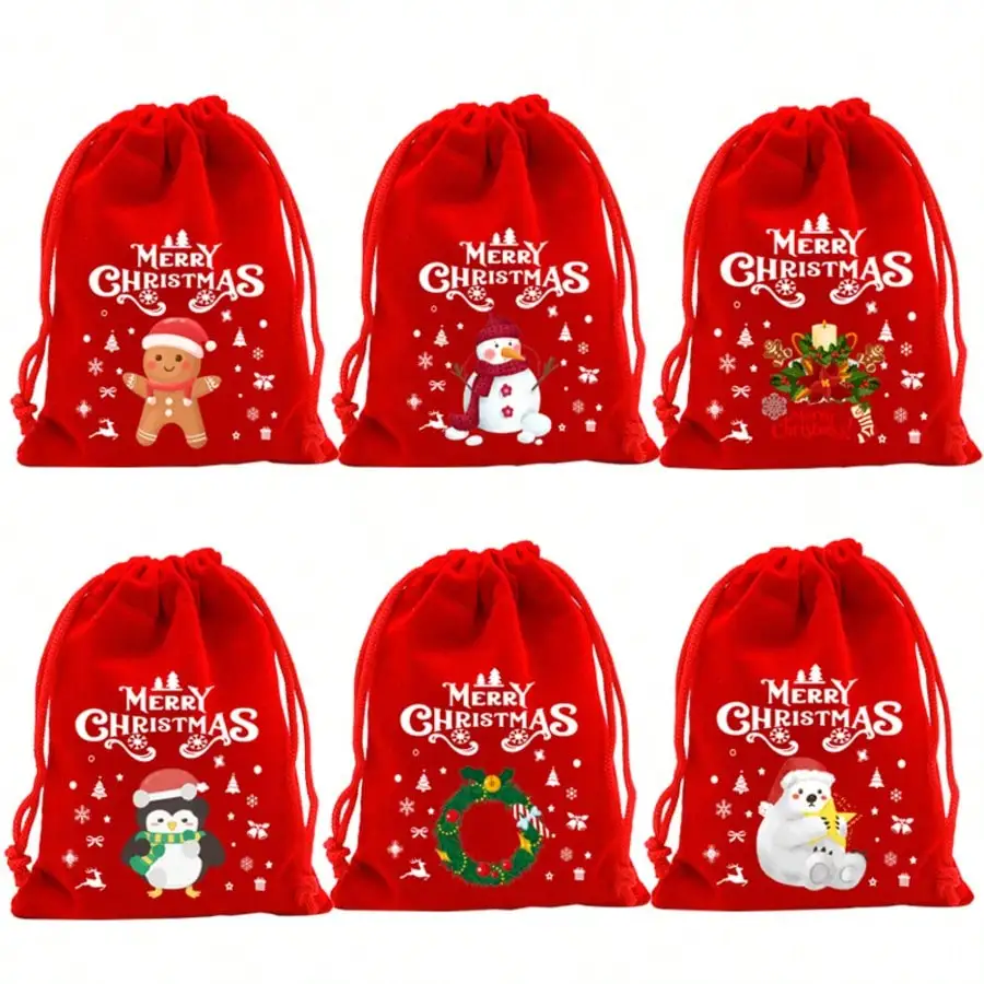 10pcs Large Christmas Velvet Drawstring Gift Bags, 12 Xmas/Halloween Random Patterns