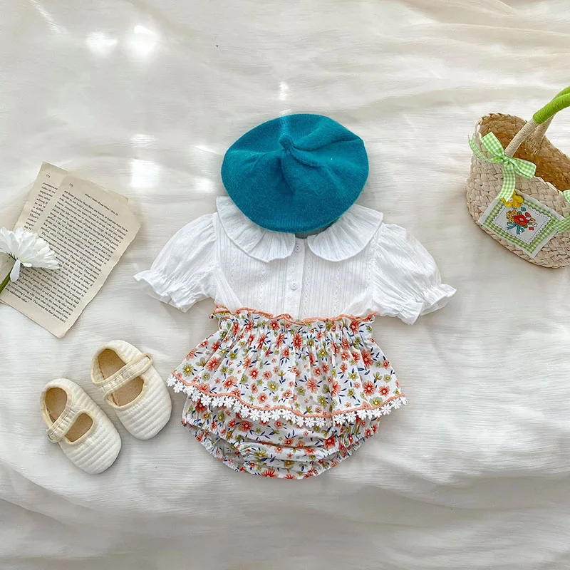 Korean Style Girls Sweet Floral Suit Infant Short Sleeves Top+Bread Shorts 2pcs Baby Girls Flowers Summer Princess Set