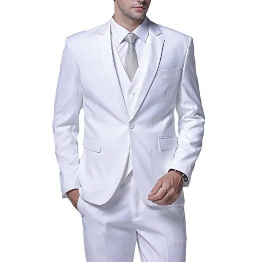 

Men Suits Slim Fit Single Breasted Peak Lapel High Quality Elegant Groom 3 Piece Jacket Pants Vest Male Sets