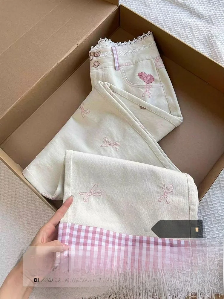 High Waist Plaid Heart Bear Denim Pants Women's Autumn Winter Faion  Knot Straight Leg Jeans Retro Pure Color