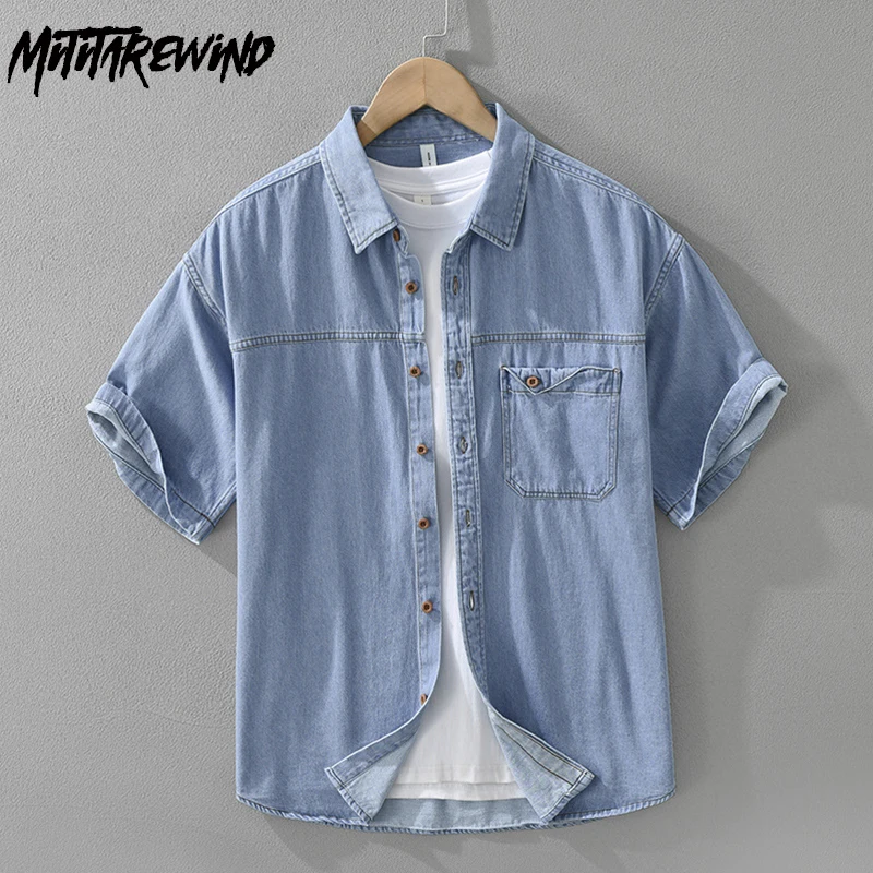 

Корейская модная мужская джинсовая рубашка с коротким рукавом, летние винтажные джинсовые рубашки, мужская рубашка с лацканами и карманами из чистого хлопка, свободные топы на пуговицах