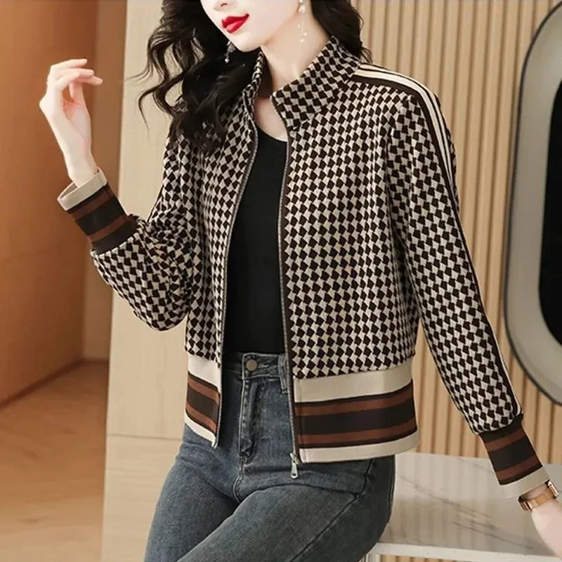 Plaid Printed Jacket Women Spring Autumn New Coat Splicing Short Long Sleeve Outwear Ladies Fashion Baseball Uniform Tops Female