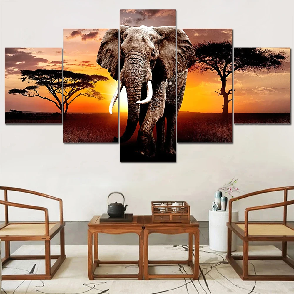 5pcs/set  Walking Elephant Sunset Africa Grassland Scenery Canavs Painting Prints Poster Wall Art Cuadros Living Room Decor
