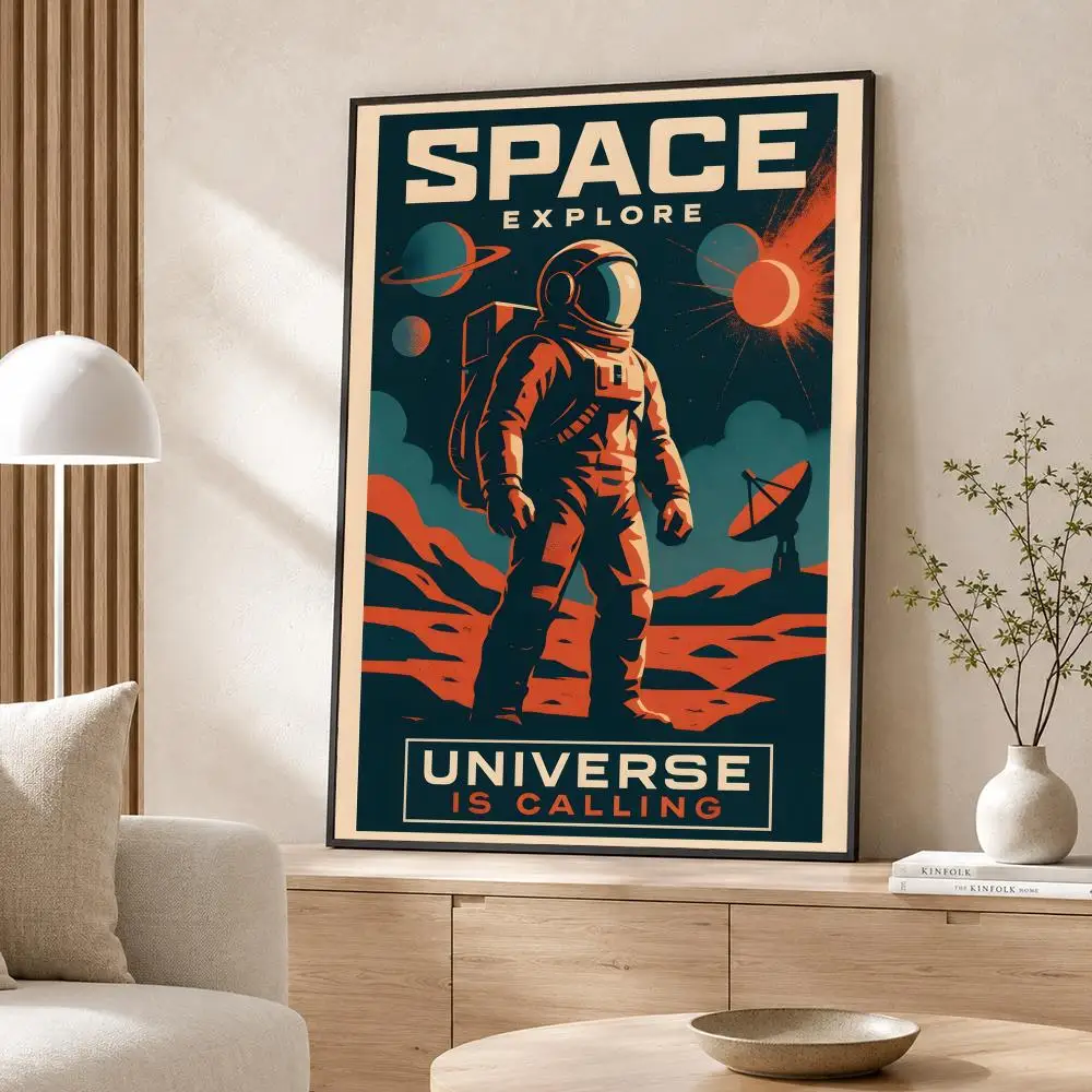 Art Retro Solar System Planet Space Astronaut Poster Poster Wall Sticker Waterproof Self Adhesive HD Art  Bedroom Bar Decor