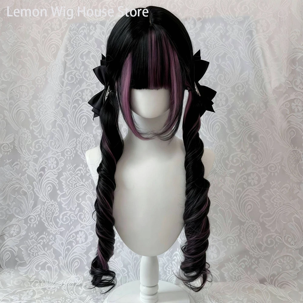 Picture 3: Black Wig with Pink Cosplay Wigs with Bangs  Lolita Long Curly Hair Wig Woman Party Cosplay Wig Natural Heat Resistant