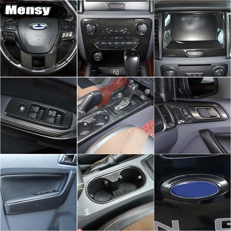 

For Ford RANGER T6 T7 T8 2015-2021 ABS Carbon Fiber Color Car Interior Gear Shift Panel Door Handles Outer Frame Cover Trim