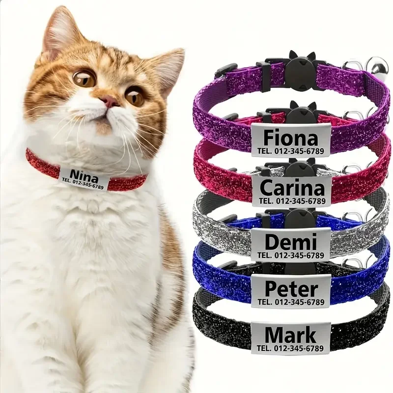 Collier à boucle de sécurité pour chat à paillettes, réglable, personnalisé, identification gratuite, gravure en Nylon, chiot, chatons