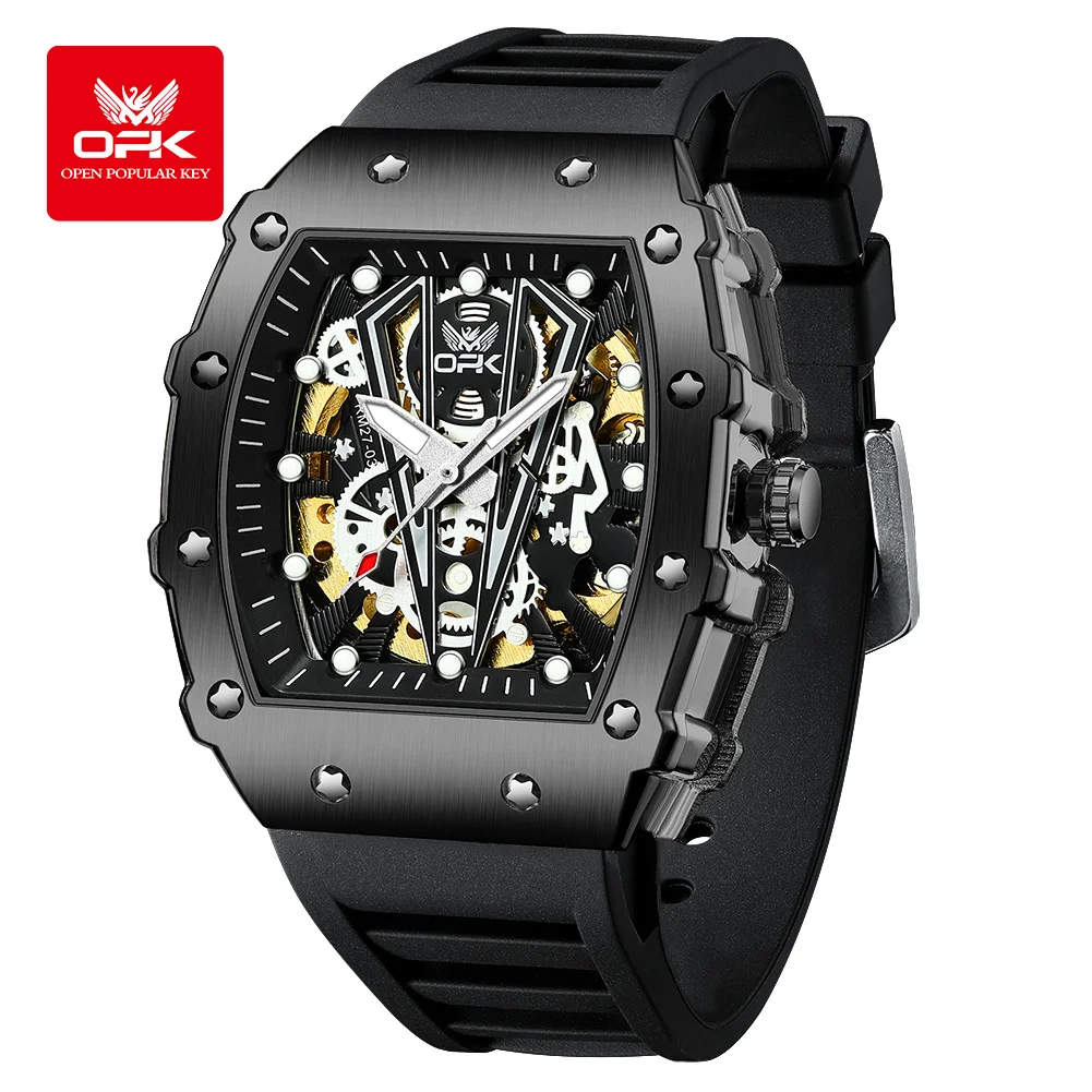 OPK 8180 Man Watch Silicone Strap Fashion Casual Tonneau Hollow Dial Design Waterproof Luminous Original Mechanical Wristwatches