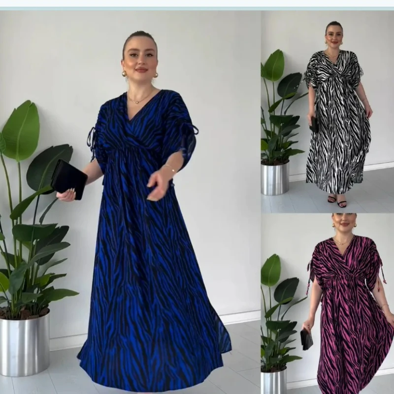 

Women Dresses V Neck Half Sleeve Spliced A Line Dress Elegant Party Streetwear Vestidos High Waist Slight Strech Summer