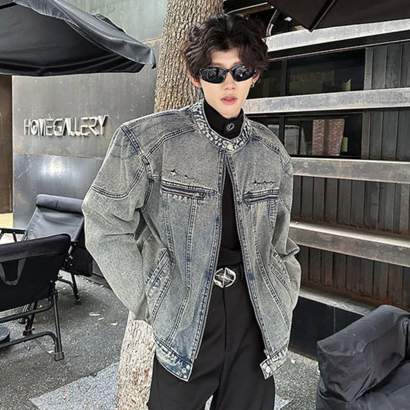 IEFB High Street Men\'s Denim Jackets Zipper Patchwork Metal Design Shoulder Pads Loose Solid Color Male Short Coats Tide 12C1526