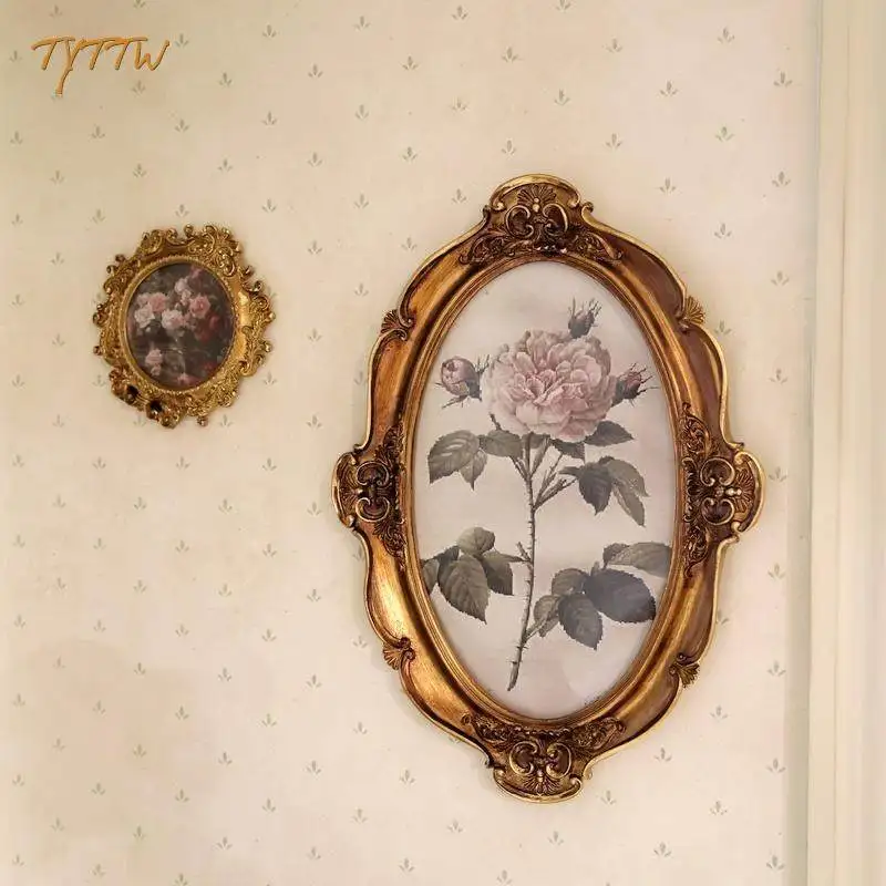 

French niche retro art flowers and plants living room hanging paintings European style medieval style carved picture frame backg