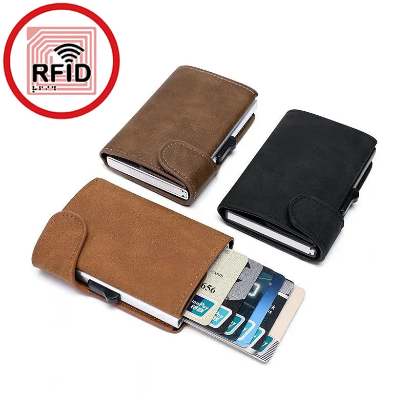 Rfid Blocking Wallet ID Credit Card Holder Leather Ultra-thin Business Men Cardbag Automatic Pop-up Anti-theft Metal Card Box