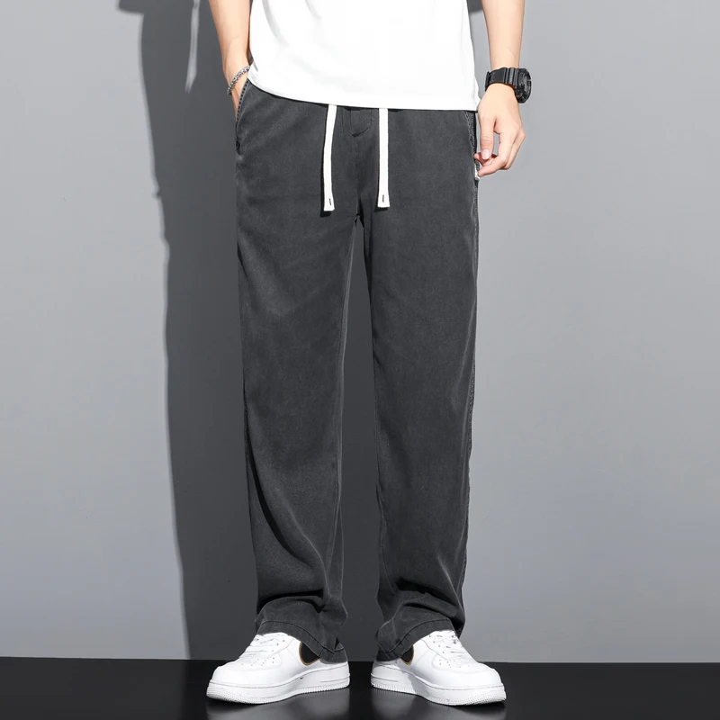 2024 Summer Soft Fabric Men's Jeans Thin Loose Straight Pants Drawstring Elastic Waist Korea Casual Trousers Plus Size M-5XL