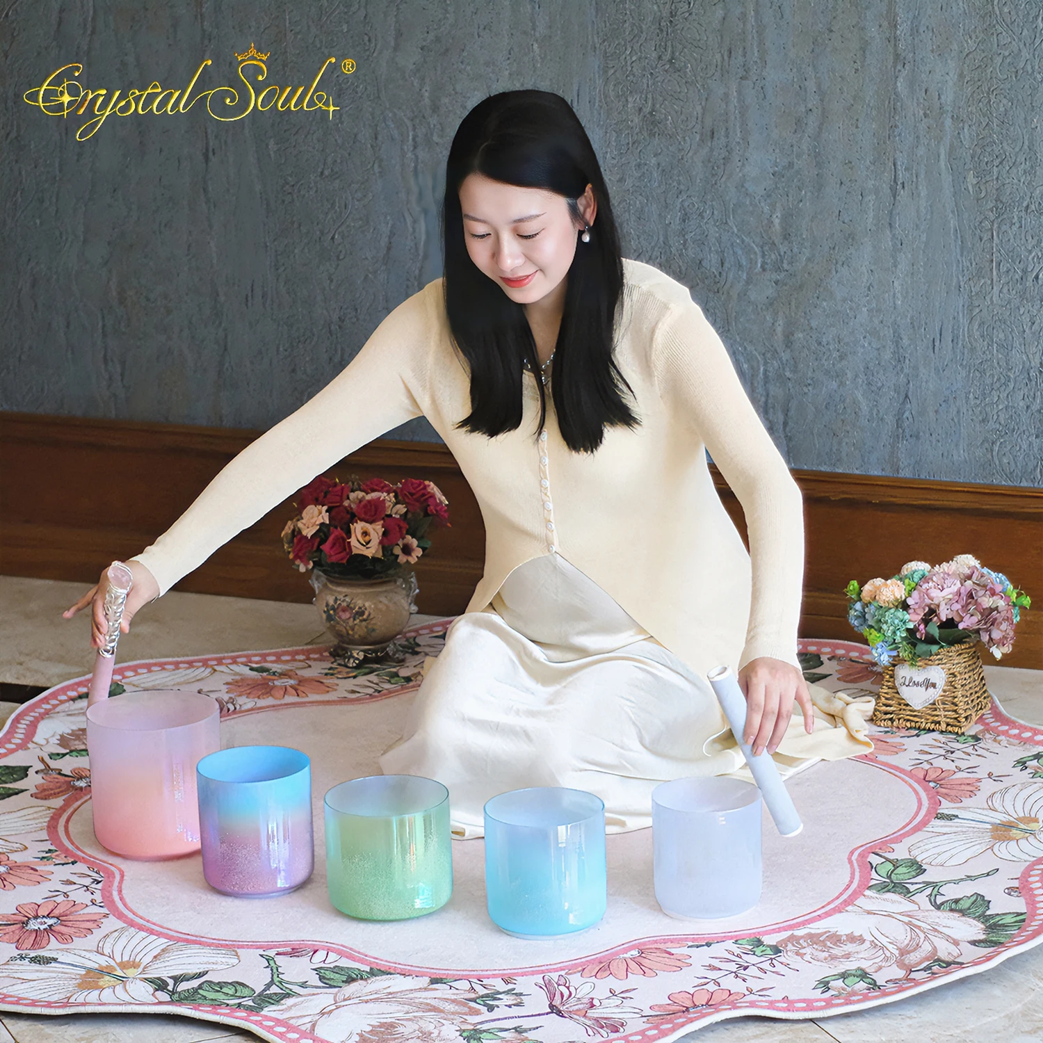 Crystal Soul 528Hz High End Sandblasting Dreamy Colored Alchemy Crystal Singing Bowl Set