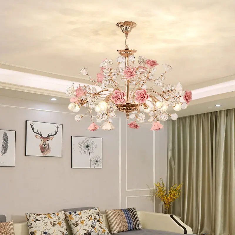 Luxury Bedroom LED Crystal Chandeliers Nordic Living Room Ceramic Flower Pendant Lamp Modern Rose Decoration Chandelier Lighting