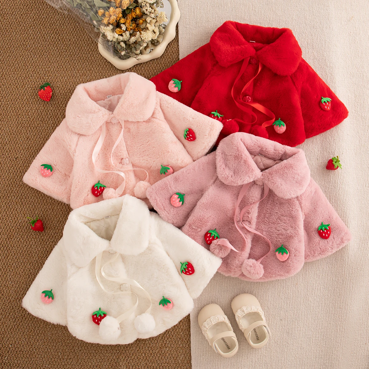 

Baby Girl Outerwear Winter Solid Color Strawberry Button Lapel Baby Tops Cute Fleece Lining Warm Girl Jacket Baby Clothes